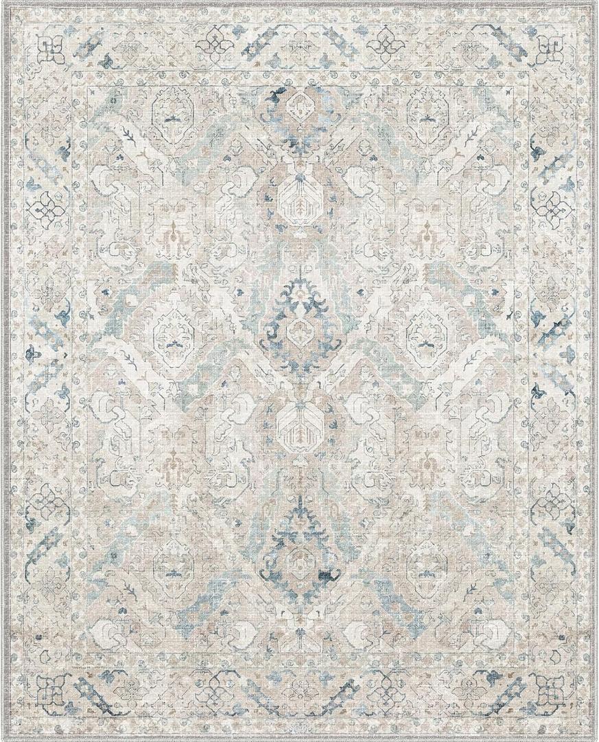 8x10 Area Rugs for Living Room, Machine Washable Non Slip Vintage Retro Rugs, Low Pile Lightweight Chenille Print Indoor Rug for Bedroom, Dining Room, Home Office(Grey/Blue/TAN/Teal/Green)