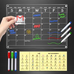 Acrylic Calendar for Fridge with 3 Packs Stickers & 3 Markers - Clear Magnetic Calendar for Refrigerator, Dry Erase Calendars for Fridge Whiteboard, 14.2"x10.2"