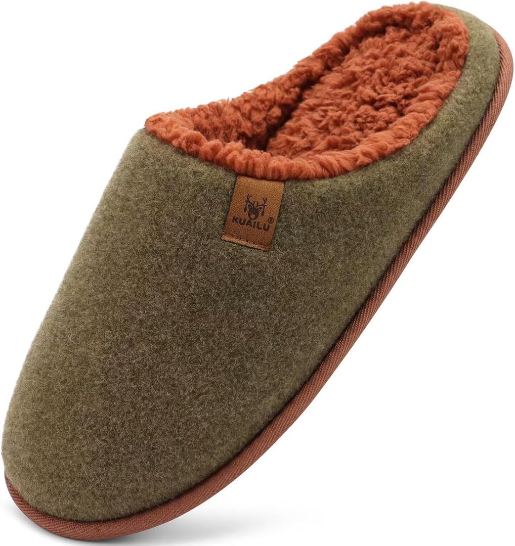 KuaiLu Mens House Memory Foam Slippers with Orthopedic Arch Support Comfy Warm Plush Lining Slip On Casual Pantuflas Mans Comfortable Bedroom Shoes Rubber Sole for Indoor&Outdoor Green Brown Size 10