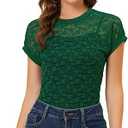 Allegra K Women's Lace Floral Blouse Short Sleeve Dressy Casual Shirt Crew Neck Sheer Top Medium Dark Green