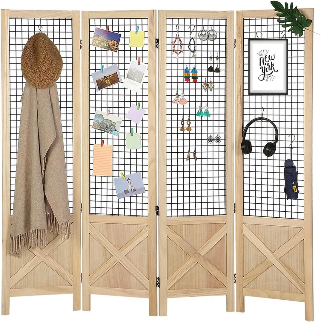 Wnutrees 4 Panel Gridwall Display, Folding Privacy Screen Room Divider
Freestanding Wood Room Divider,Portable Display Board Organizer for Room Separation,Craft/Art Shows,Wall Organization,Natural
