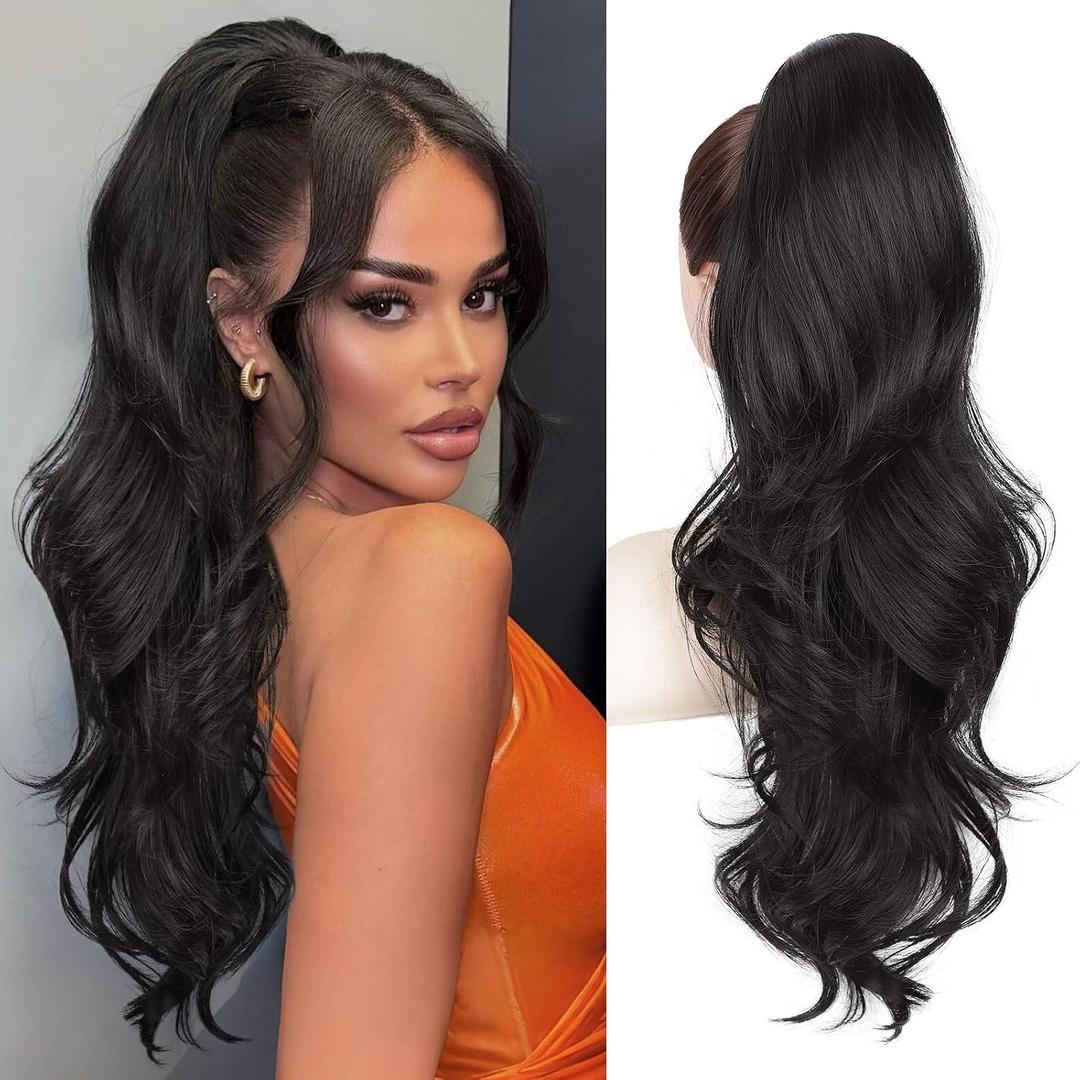 BOGSEA Ponytail Extension 26 Inch Drawstring Ponytail Extension for Women Long Wavy Hair Pieces for Daily Use(Brown Black)