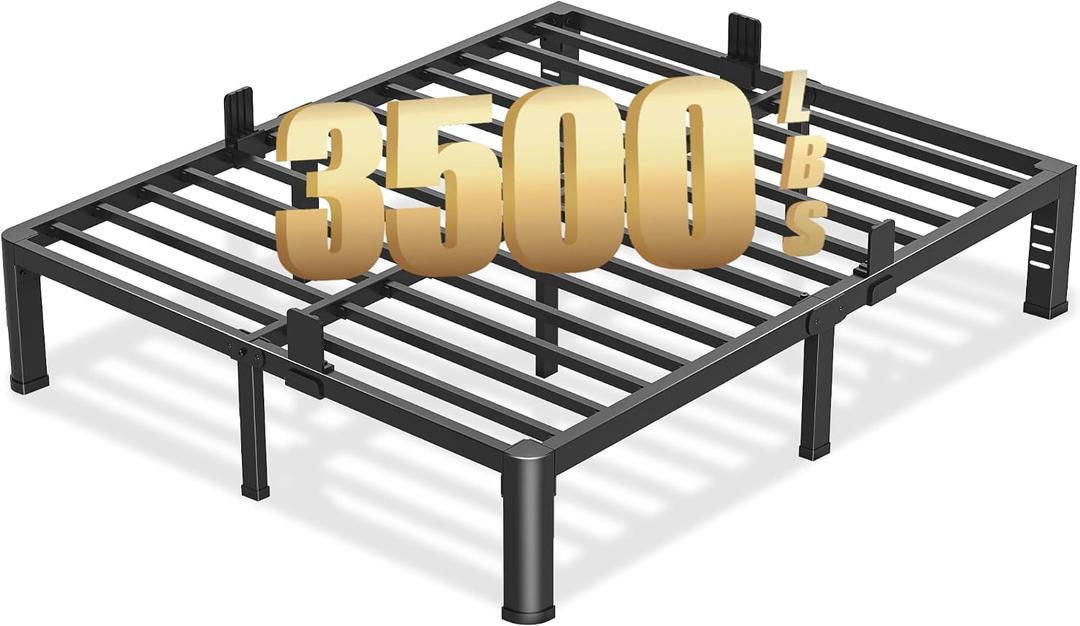 10 Inch Queen Bed Frame with Rounded Corner and Headboard Hole Mattress Retainers 3500 LBS Metal Heavy Duty Steel Slats Support No Box Spring Needed Platform Noise Free Easy Assembly