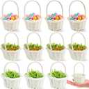 FOIMAS 12pcs Mini Easter Baskets with Handles 100pcs Colorful Easter Eggs and 12pcs Artificial Carrots Shred Grass for Easter Party Favor Decoration Craft Supply