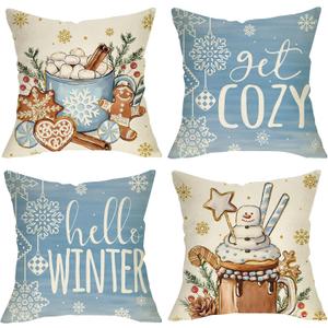 Hello Winter Blue Decorative Throw Pillow Covers 18x18 Set of 4, Get Cozy Hot Cocoa Gingerbread Cookie Snowflakes Porch Outdoor Home Christmas Decor, Holly Berry Pine Cone Snow Couch Cushion Case