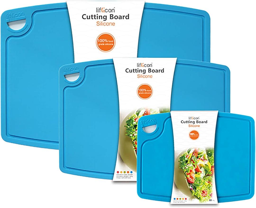 Liflicon Silicone Thick Cutting Boards Mats Set of 3pcs Foldable & Flexible Design Juice Grooves Easy Grip Handle Dishwasher Safe for Kitchen,BPA free ChifBlue