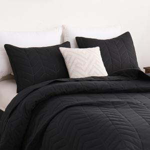 DOWNCOOL Black Queen Quilt Bedding Set, 3 Pieces Leaf Texture Pattern Lightweight Bedspread Coverlet, All Season Ultra Soft Queen Size Quilt (90"x96"& 2 Pillow Shams
