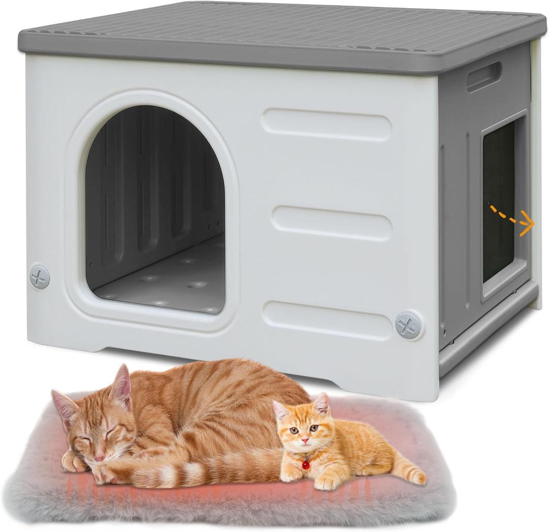 Waterproof Cat House for Outdoor Cats, Plastic Feral Cat House with Escape Door and Soft Mat, Large Indoor Cat Shelter for Mutiple Cats - Grey