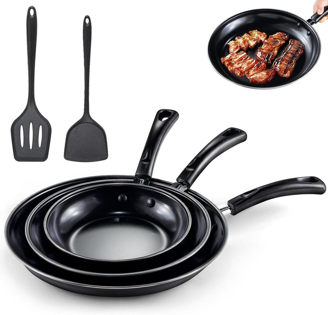 Nonstick Frying Pans Set of 3 - Carbon Steel Frying Pans with PFOA-Free Coating, Durable, Even-Heating, Stay-Cool Handle, Include 2 Spatulas & 7.9, 10.2, 11.8 Inch Skillets for All Stovetops