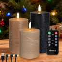 Rechargeable Flameless LED Pillar CandlesLuminous Real Wax Indoor Home DecorSet of 3, Realistic Flickering LED Flame,Remote & Timer, USB-RechargeableCaramel Beige