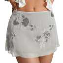 SweatyRocks Women's Sequin Mini Skirt Y2K Sparkly Beaded Floral Embroidery Skirts (White), Small