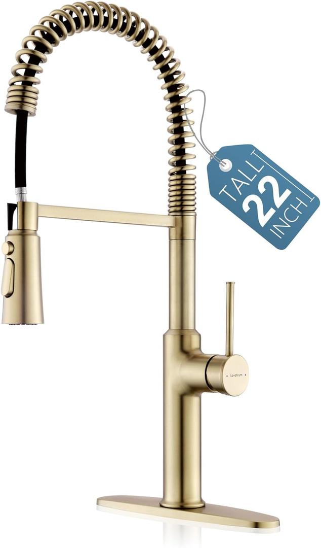 22 Extra-Tall Brushed Gold Kitchen Sink Faucets, Commercial High Arc Single Handle Kitchen Faucets for Pull Down Sprayer Modern Spring with Deck Plate 22 inch