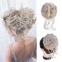 Messy Bun Hair Piece for Women - Wavy Curly Fake Hair Bun Extension, Tousled Updo Clip in Ponytail Extension, Natural Synthetic Hairpiece with Party Daily Wedding Beige Silver
