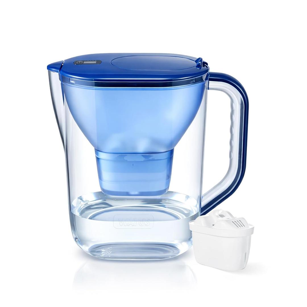 16-Cup Large Water Filter Pitcher with 1 Replacement Filter, BPA-Free Blue Drinking Water Filtration Jug for Tap Water, Reduces Chlorine, Limescale, Lead & Copper, High Capacity Water System