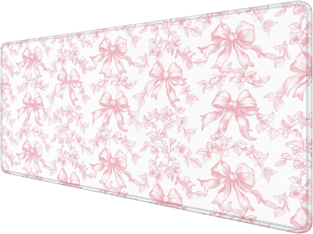 Coquette Pink Floral Large Mouse Pad 31.5x15.7inch, Trendy Girly Pink Bow Peony Flower Aesthetic Large Extended Computer Desk Mat Mousepad for Keyboard and Mouse, Preppy Desk Accessories