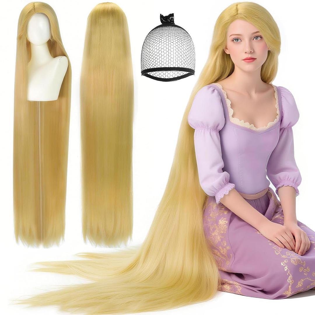 ANOGOL Hair Cap+ 160 cm / 62 inch Long Blonde Straight Wig Women Cosplay Princess Wig Blonde Anime Wigs Blond Cosplay Wigs Blond Synthetic Hair Halloween Party Costume Outfit