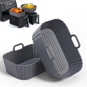 Silicone Air Fryer Liners 2 Pack, Reusable Compatible for Ninja Foodi DZ201, DZ401, DZ550, COSORI, Chefman, Instant, and 6-in-1 8-10QT Baskets (Grey)
