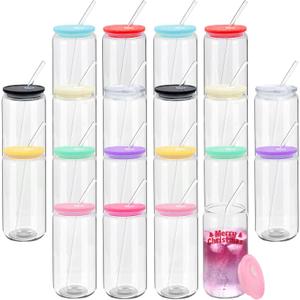 20 Pack Drinking Glass Cups with Acrylic Lids and Glass Straws 16oz Clear Glass Tumblers Can Shaped Iced Coffee Cups Drinking Glasses, Cute Glass Cups for Tea Beer Soda Smoothie Whiskey Gift