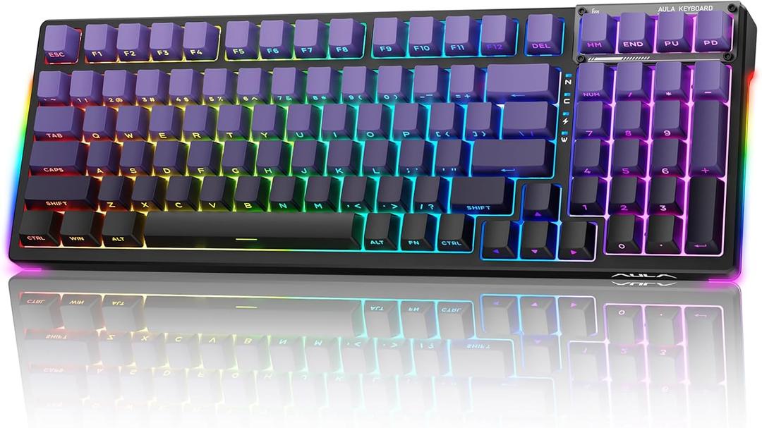 AULA F98 Mechanical Keyboard RGB, Tri-Mode Bluetooth/2.4G/USB-C Hot Swappable 99 Keys Custom Gaming Keyboard, Pre-lubed Linear Switches Gasket-Mount Creamy Sound w/Number Pad for PC Xbox PS5 MAC (Gradient Purple)