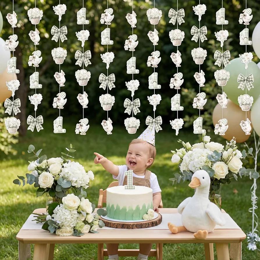 Soulchen 16 Pcs One Silly Goose Birthday Decorations Girls Boys Green Gingham Paper Rectangular Banner Garland Streamers Funny Duck Birthday Goose Party Supplies, 78.74 Inch