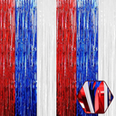 1 Pack White Blue Red Foil Fringe Curtain Backdrop, Metallic Tinsel Foil Fringe Streamer Curtains for Photo Booth, Christmas Day, Thanksgiving, Wedding, New Year Party Decorations