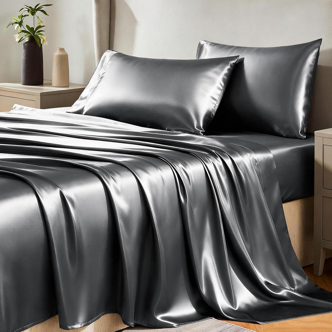 CozyLux Satin Sheets King Size Sheet Set - 4 Piece Silky King Sheets, Luxury Dark Grey King Bed Set with Smooth and Soft Microfiber, Includes 1 Fitted Sheet, 1 Flat Sheet and 2 Pillowcases