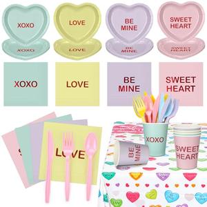 Teenyyou 342 Pcs Valentine's Party Supplies Conversation Heart Tableware Set Serve 48 Conversation Heart Plates Napkins Cups Forks Knives Spoons Tablecloth Valentines Party Decor Disposable Dinnerware