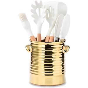 Gold Utensil Holder for Countertop, 6.4" Ceramic Utensil Holder for Kitchen Counter, Large Embossed Cooking Utensil Crocks for Kitchen Decor, Utensil Organizer with Cork Bottom for Housewarming Gifts