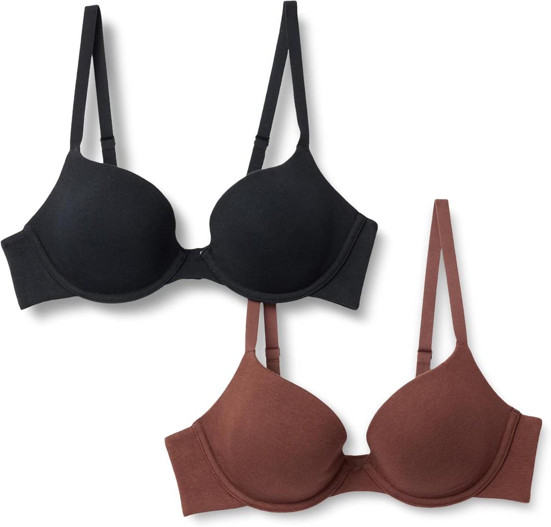 Amazon Essentials Women's Cotton Jersey Lined Wired Plunge Push-Up Bra, Pack of 2 (34A, Black/Rich Hazel)