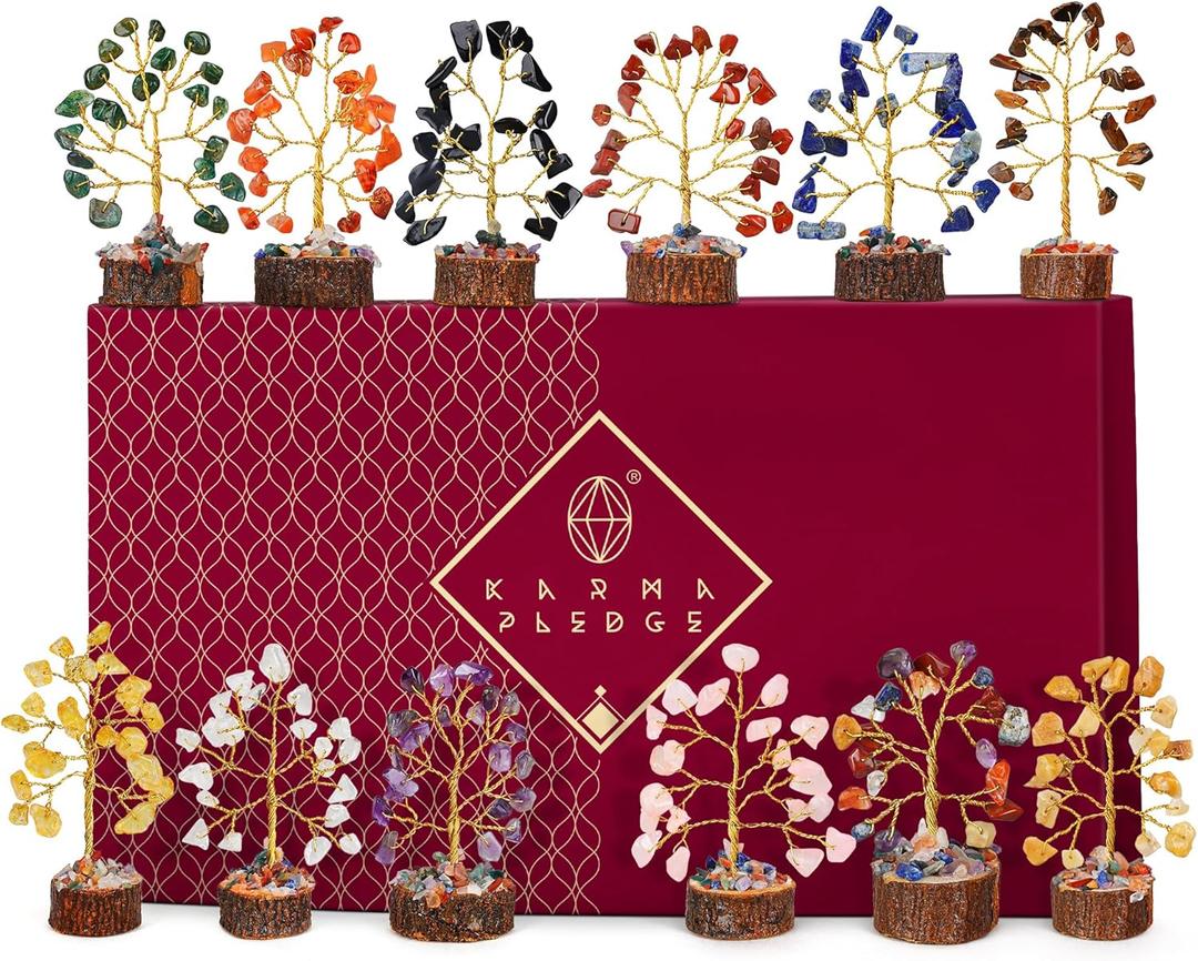 Crystal Tree Set of 12 Unique Birthday Gifts for Women, Sister, Mom, Home Office Decor, Shelf Desk Decoration for Positive Energy, Bring Good Luck, Money, Reiki Healing, Chakra Tree of Life Gift Sets