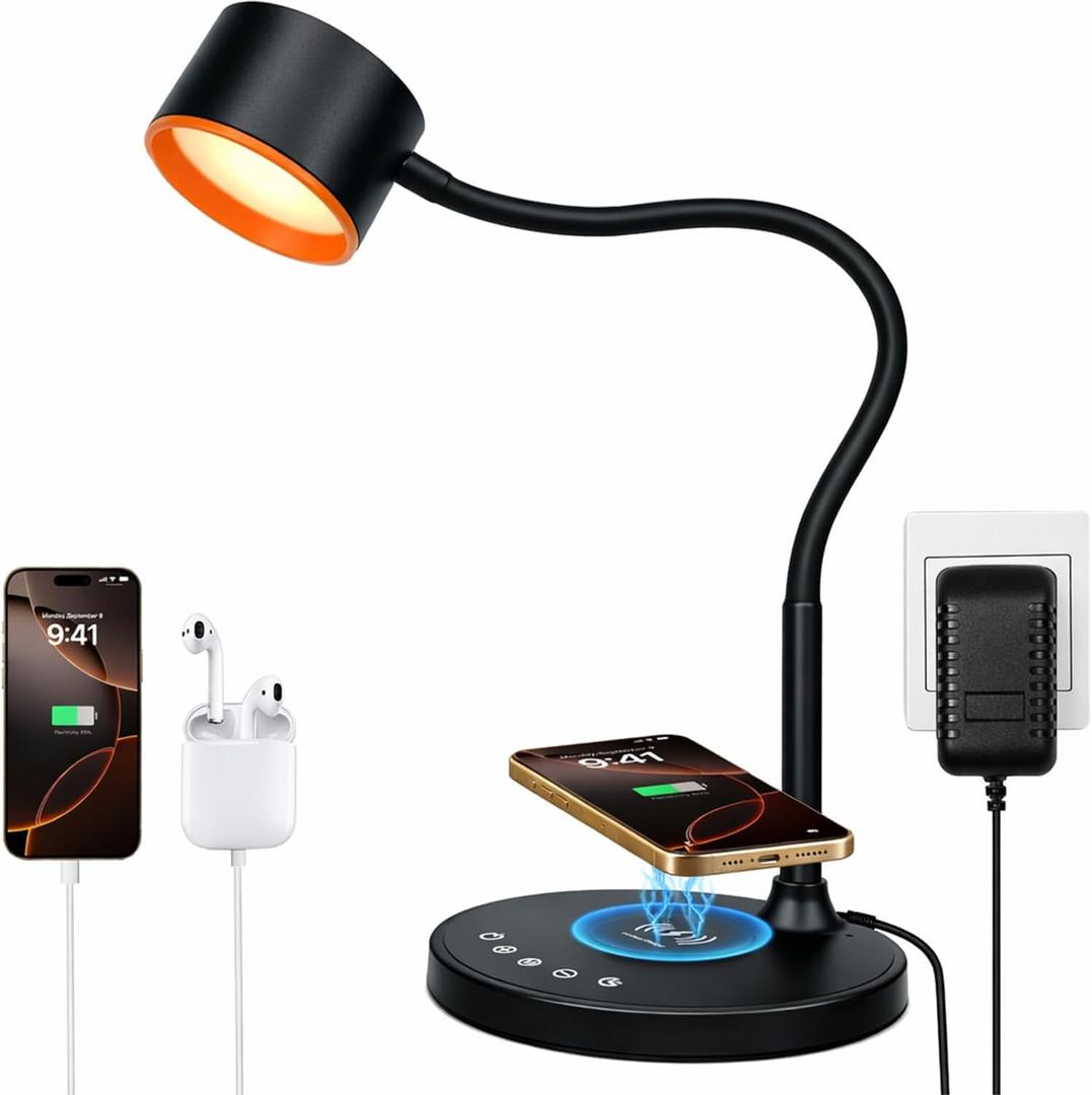 KAiSnova Desk Lamp for Office Home, Gooseneck Desk Lamp with Wireless Charger, Touch Table Lamp with USB C+A Charging Ports, 5 Colors Dimmable Bedside Reading Lamp for College Dorm Room Black