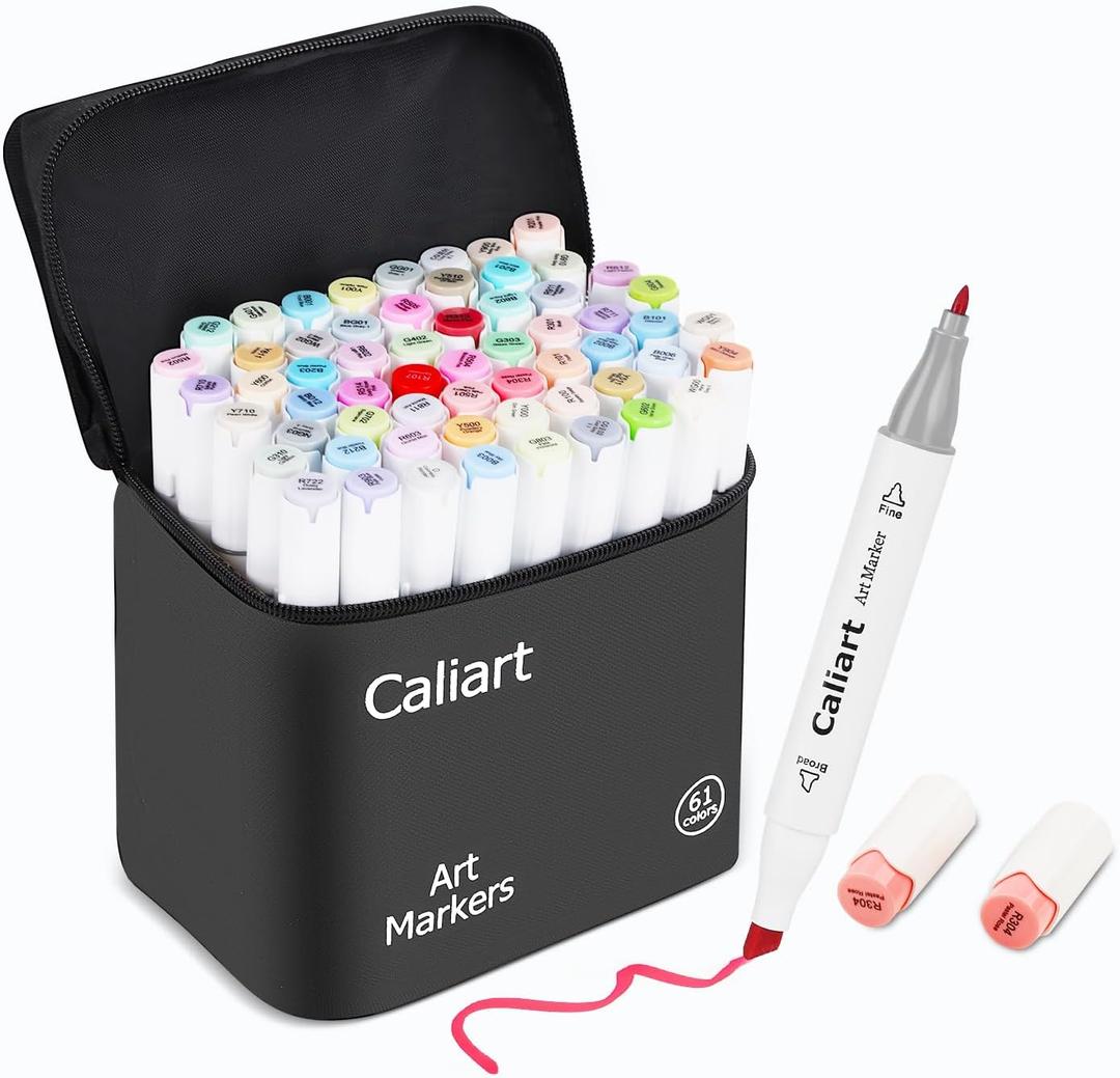 Caliart Pastel Alcohol Markers, 61 Colors Fine & Broad Chisel Dual Tip Permanent Art Markers with Carrying Case, Alcohol Based Sketch Pens for Adults Artists Coloring Painting Drawing Illustration