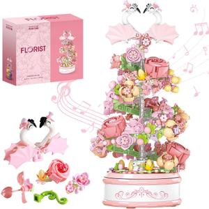Flowers Music Box Building Block Kit with Light-713PCS Decoration Rotating Music Box Building Set,Botanical Collection Mother's Day, Valentine and Birthday Gifts for Girls Boys Adults Kids Ages 6+