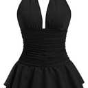 Milumia Women's Ruched V Neck Backless Halter Dress Sexy Tiered Layered Ruffle Dresses (Medium, Black)