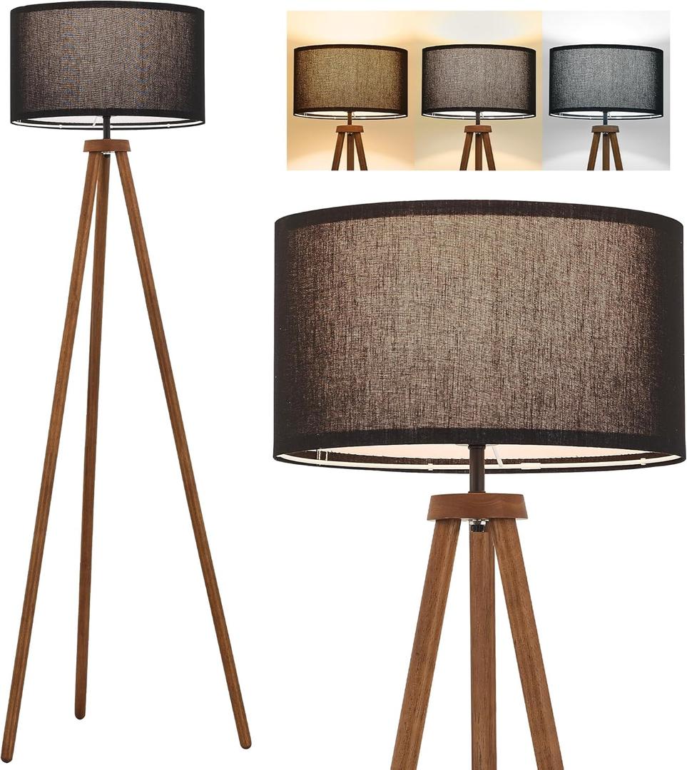ELYONA Wood Tripod Floor Lamp Modern Standing Lamp with Black Drum Shade, Industrial Tall Reading Lamp for Office Living Room Bedroom, ETL Listed Walnut & Black, 3 Color Temperatures LED Bulb Include