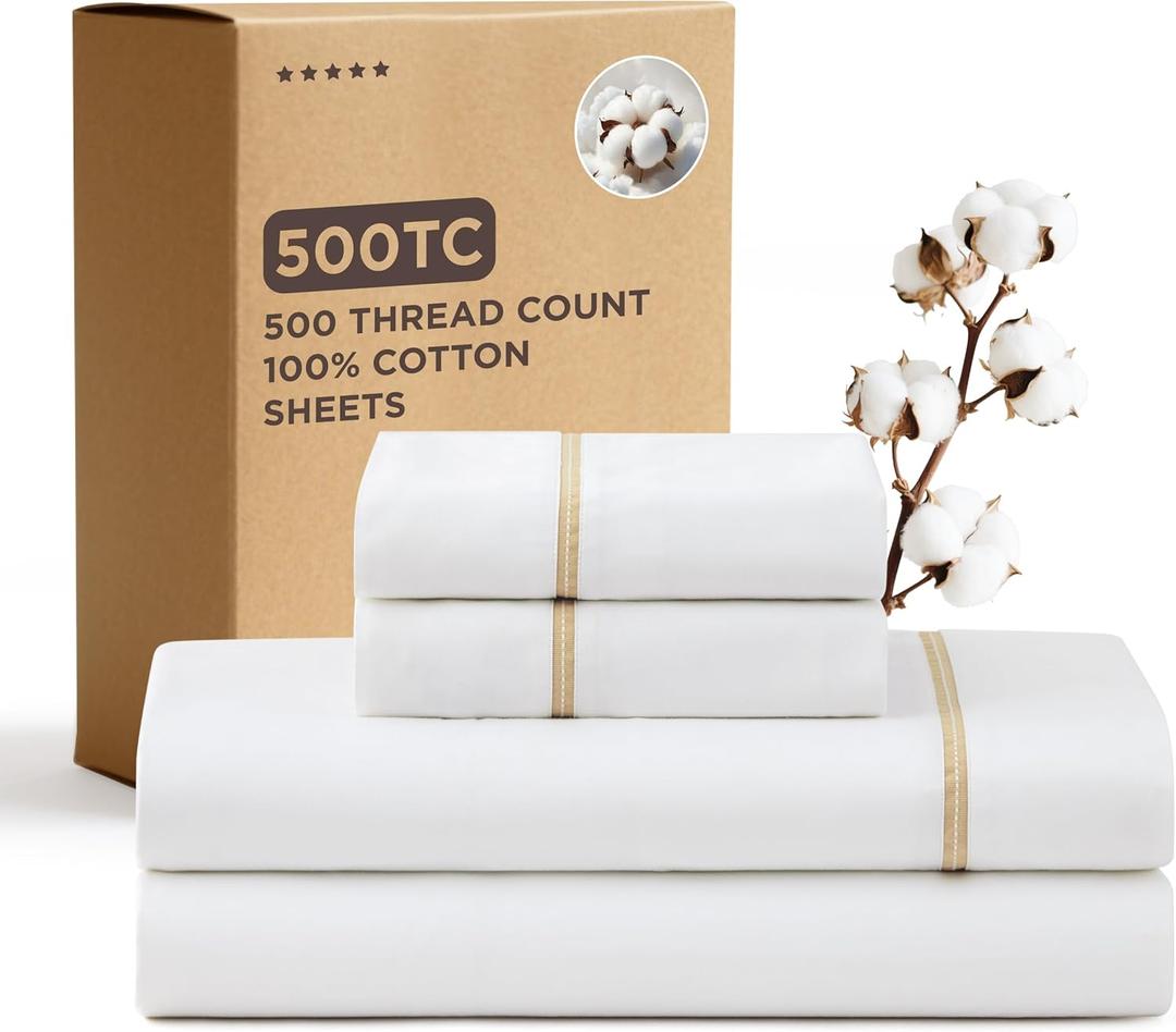 Bedsure 100% Cotton Sheets King Size Set - 500 Thread Count Cotton Sateen Bedsheets, Luxury Hotel Quality, Soft & Breathable Bedsheets, 16" Deep Pocket, 4-Piece, Include King Flat Sheet White