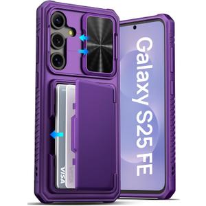 GVIEWIN Samsung Galaxy S25 FE Case, Built-in Card Holder (3-5 Cards) & Slide Camera Cover & RFID Blocking, Military Grade Protection, Wallet Phone Cover Case for Galaxy S25 FE 6.7", Dark Purple