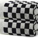 REDKISS 2 Piece Large Black and White Bath Towels Set - 27x55 Highly Absorbent 600GSM Cotton Checkered Towels for Bathroom Decoration, Retro Checkered Design