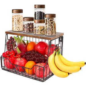 Livabber Fruit Basket for Kitchen, Metal Fruit Vegetable Storage Bin with 2 Banana Hangers, Countertop Wire Basket Organizer for Snack Potato Onion, Screw Mounted or Stand (Black, 1 Pack)