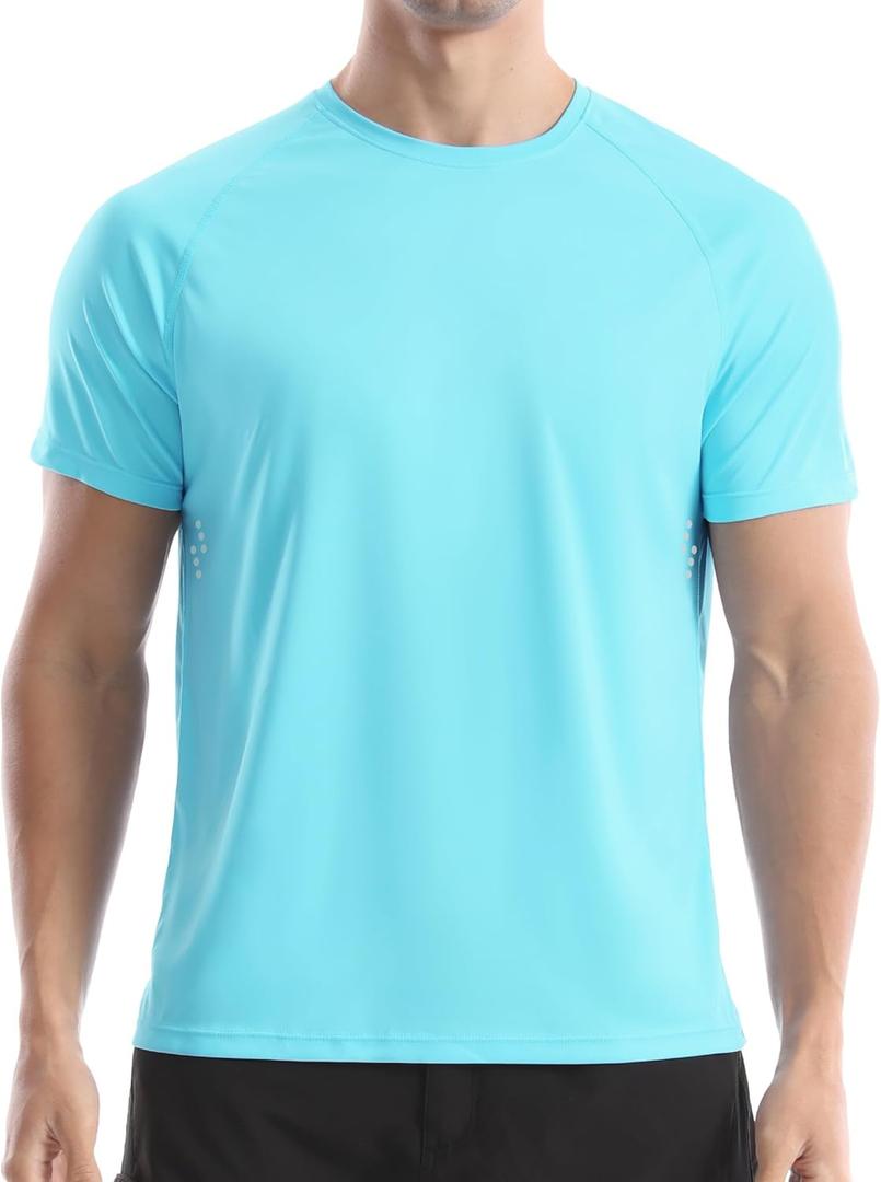 Men's UPF 50+ Swim Shirts, Sun Protection Short Sleeve Rash Guard, Quick Dry T-Shirt for Fishing and Surfing (Blue, L)