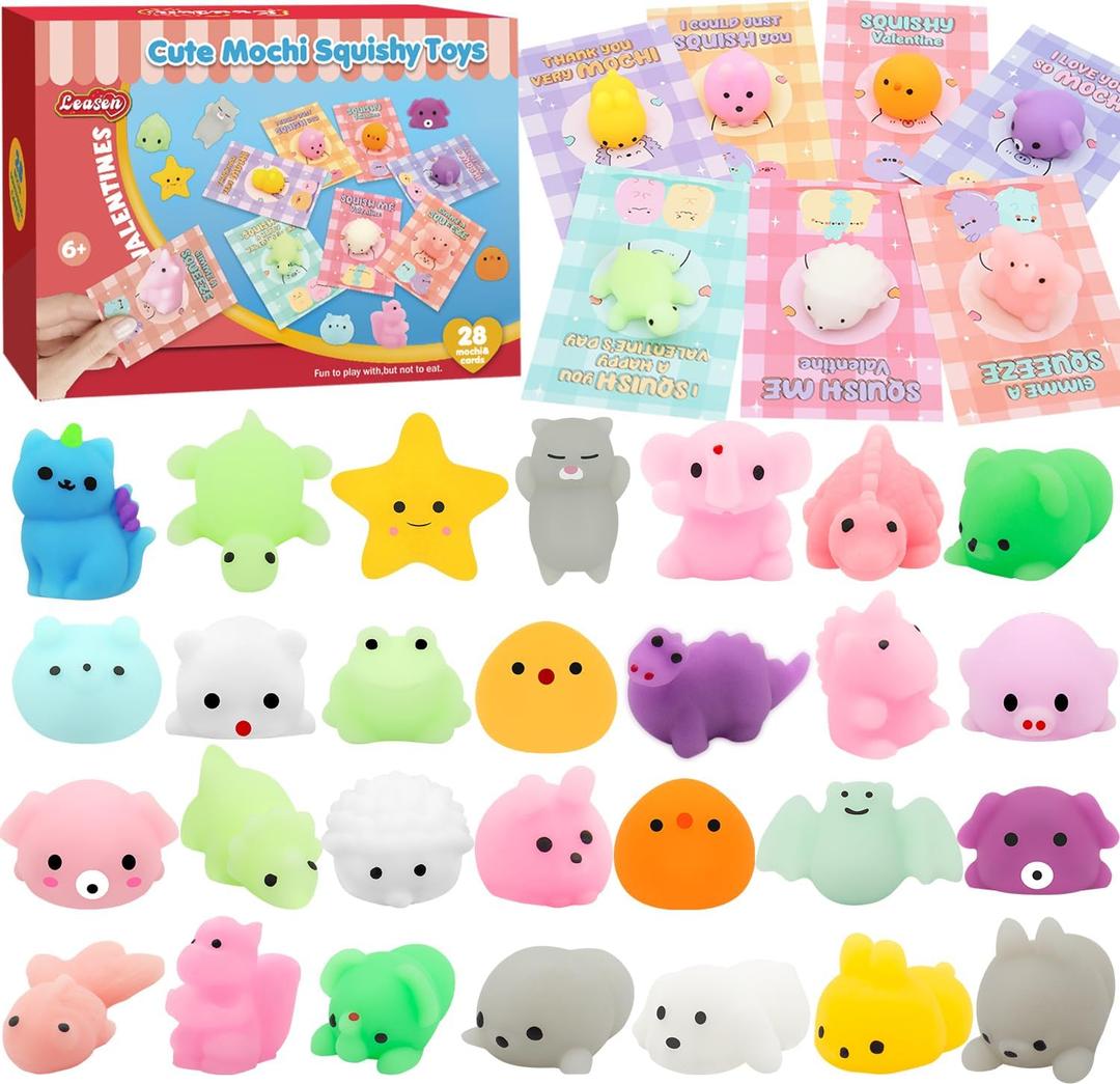 28 Pack Valentines Day Gifts for Kids, Kawaii Mochi Squishies Party Favor Set with Valentines Animal Greeting Cards for Kids, Valentine's Day Classroom Exchange Gifts Set, School Prizes Party Favor