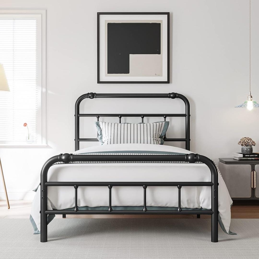 BOSRII Twin Size Bed Frame with Headboard and Footboard, 18 Inches High, 3500 Pounds Heavy Duty Metal Slats Support for Mattress, No Box Spring Needed,Noise-Free, Black, Twin-01