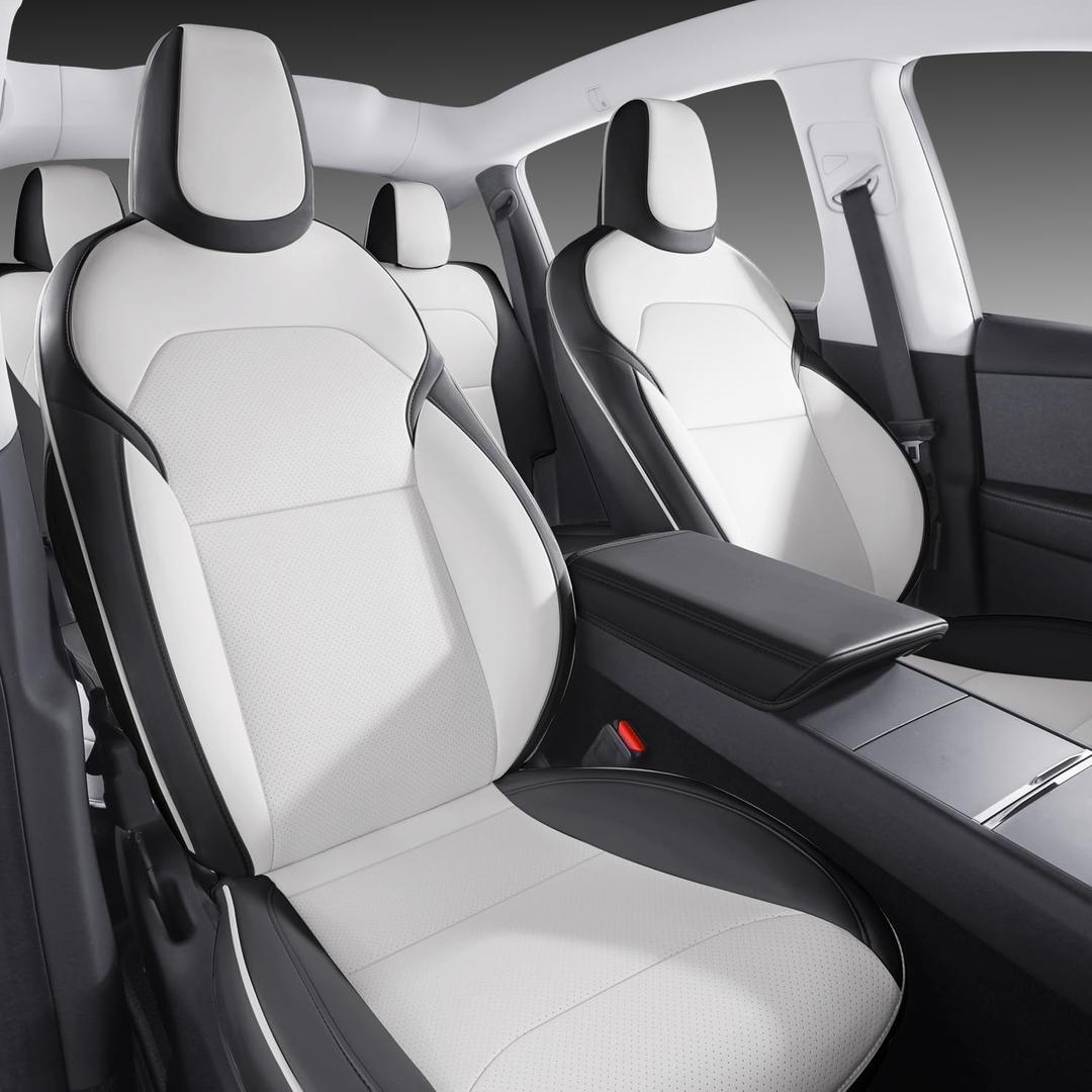 Nappa Leather Car Seat Covers Compatible with 2025–2026 Tesla Model Y Juniper, Black & White Two-Tone Design, Custom Fit Full Set, Airbag Compatible Car Interior Cushion Covers
