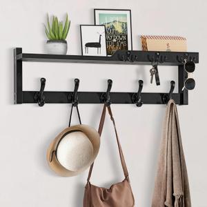 4 in 1 Coat Rack Wall Mount with Shelf, Coat Hooks 25.2" Entryway Coat Hanger with Key Hooks and Mail Holder, Wall Hooks with Shelf, Hat Rack for Wall Key Holder Mail Organizer (Black)