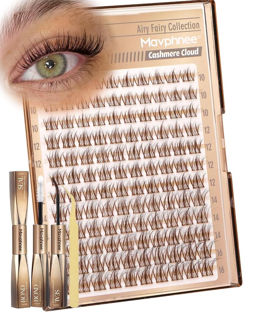 Brown Lash Clusters Kit Natural Cluster Eyelash Extensions Kit Gently Fluffy Inidvidual Lashes CC Curve Dark Brown Cluster Lashes Fairy Wispy Eyelash Clusters with Lash Bond and Seal (10-16MM)