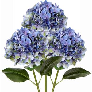 DILATATA Faux Hydrangea Large Artificial Purple Hydrangea Flowers 26" Real Touch Hydrangea Flowers Lifelike Silk Hydrangea Stems for Wedding Party Garden Home Decoration (3PCS, Blue Green #3)