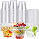 BYSNOW 100 Pack 9 oz Clear Plastic Cups With Flat Lids No Hole, Disposable Dessert Cups with Lids for Ice Cream, Pudding, Fruit, Cold Drinks, Cake, Snacks, Yogurt Parfait
