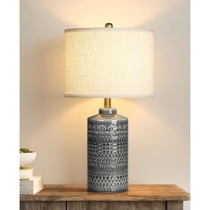 Modern Ceramic Table Lamp, 24.5" Living Room Lamps 3-Way Dimmable Gray Nightstand Lamp with White Shade|Tall Bedside Lamp Desk Decor Lamps for Bedrooms Farmhouse Office End Table Lamps(Bulb Included)