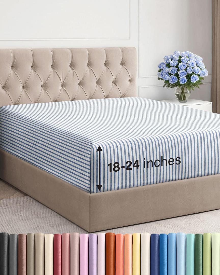 Extra Deep Queen Fitted Sheet - Hotel Luxury Single Fitted Sheet Only - Easily Fits 18 inch to 24 inch Mattress - Ultra Soft, Wrinkle Free with Extra Deep Pockets - Breathable & Comfy - Blue Stripes