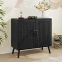 Black Buffet Sideboard Cabinet, Storage Cabinet with Handmade PVC Rattan Decor Doors, Wooden Coffee Station with Adjustable Shelf for Kitchen, Living Room, Entryway
